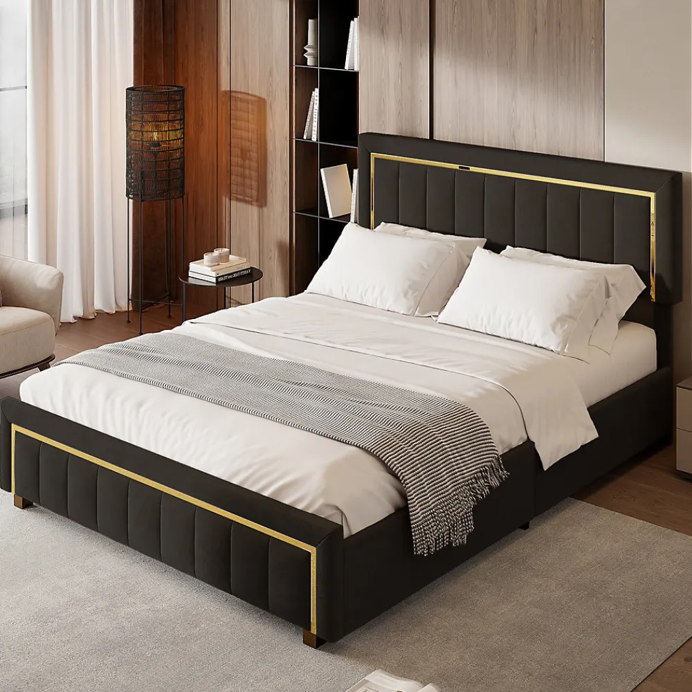 Lit 140x200 cm en velours noir à rayures verticales avec bordure dorée, Design élégant et moderne pour chambre adulte ou ado>ProximaX Outlet