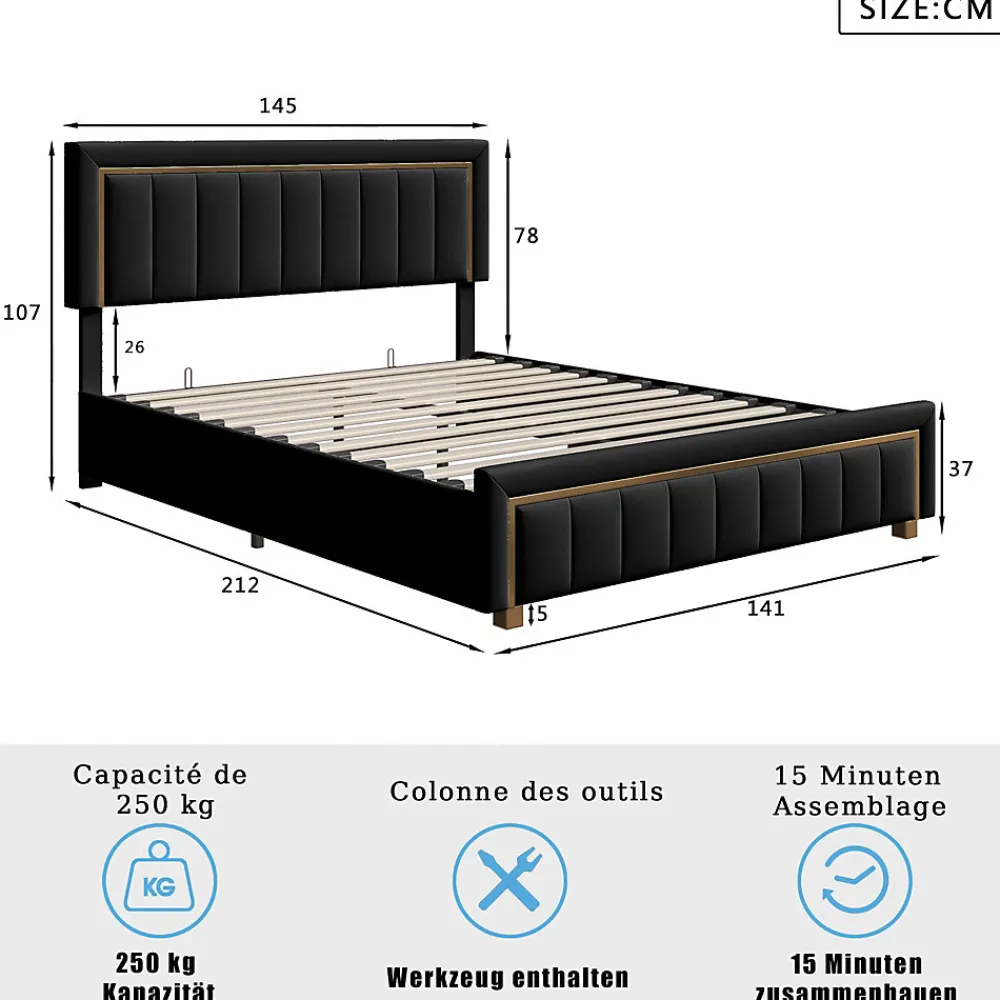 Lit 140x200 cm en velours noir à rayures verticales avec bordure dorée, Design élégant et moderne pour chambre adulte ou ado>ProximaX Outlet