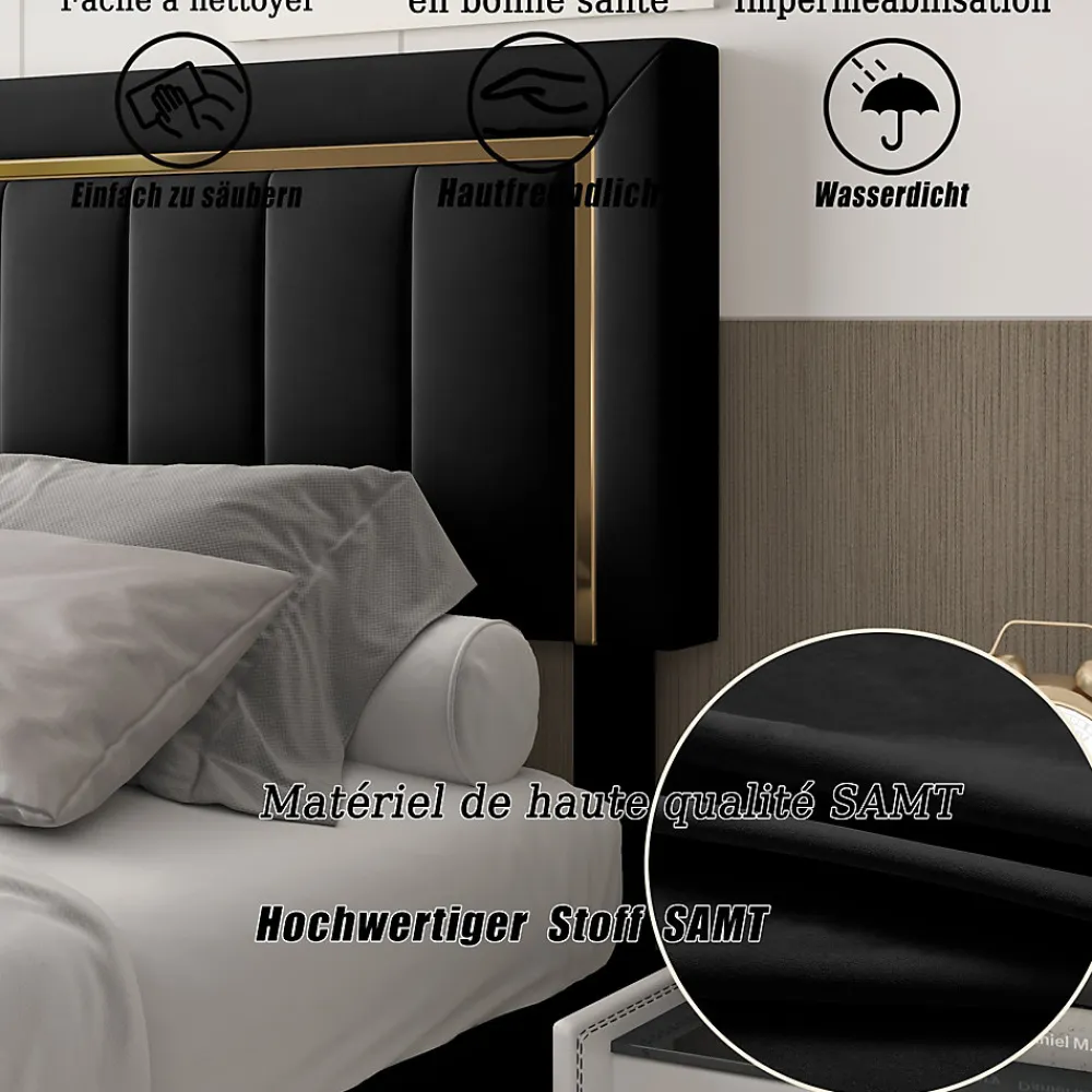 Lit 140x200 cm en velours noir à rayures verticales avec bordure dorée, Design élégant et moderne pour chambre adulte ou ado>ProximaX Outlet