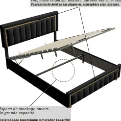 Lit 140x200 cm en velours noir à rayures verticales avec bordure dorée, Design élégant et moderne pour chambre adulte ou ado><noscript><img width=
