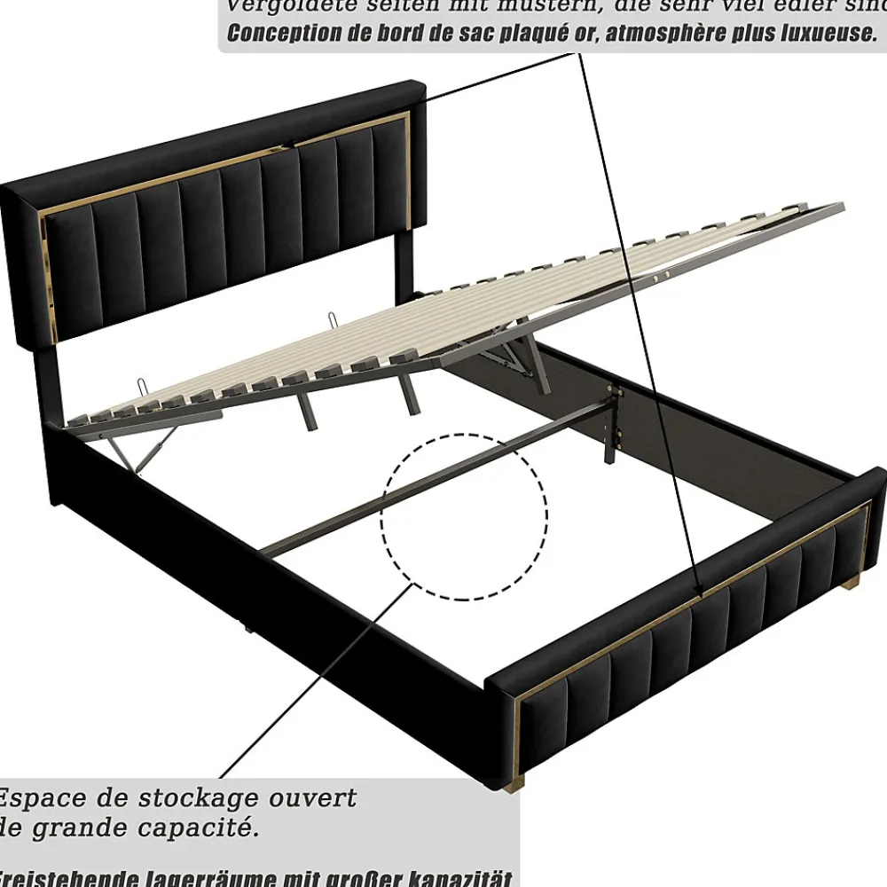 Lit 140x200 cm en velours noir à rayures verticales avec bordure dorée, Design élégant et moderne pour chambre adulte ou ado>ProximaX Outlet