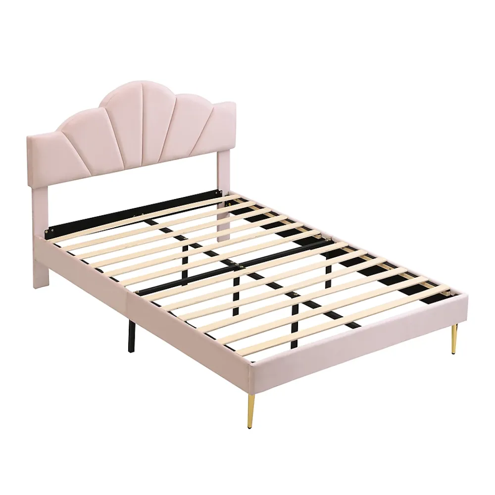 Redom Lit 140x200 cm en velours rose avec tête de lit réglable, pieds métal doré et sommier à lattes bois* Lit Double