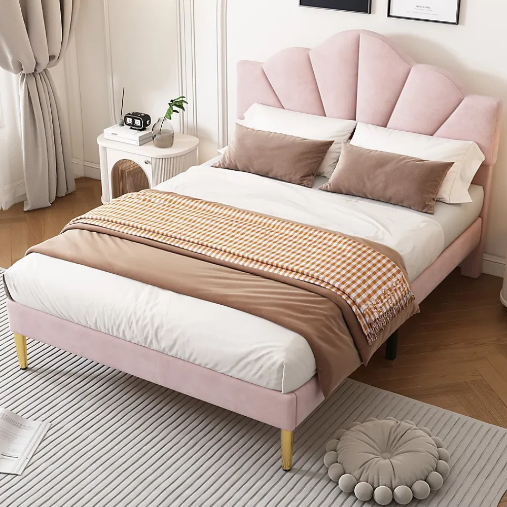 Redom Lit 140x200 cm en velours rose avec tête de lit réglable, pieds métal doré et sommier à lattes bois* Lit Double
