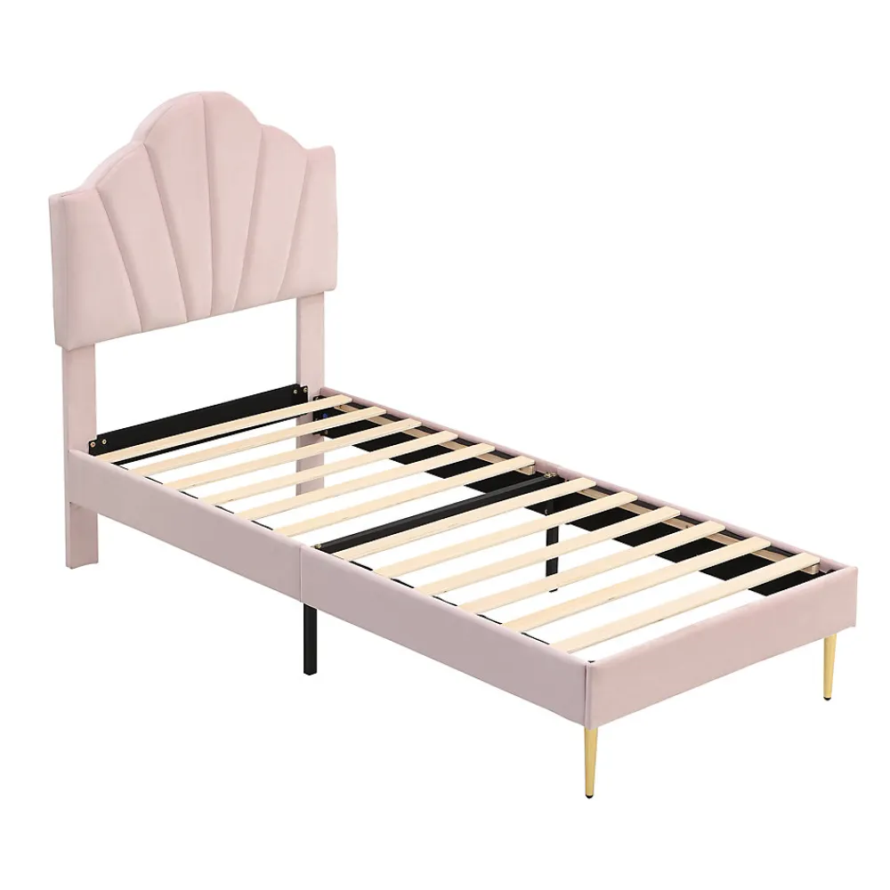 Lit 90x200 cm en velours rose avec tête de lit réglable style coquillage et pieds métal doré, élégant>Redom Discount