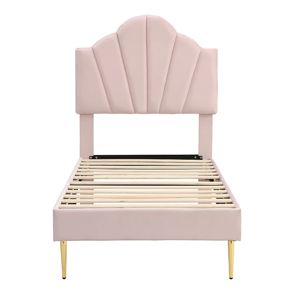Lit 90x200 cm en velours rose avec tête de lit réglable style coquillage et pieds métal doré, élégant>Redom Discount