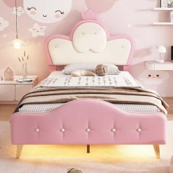 Lit 90x200 cm enfant avec tête rembourrée en vague et couronne, PU blanc/rose et bande LED intégrée>Redom Discount