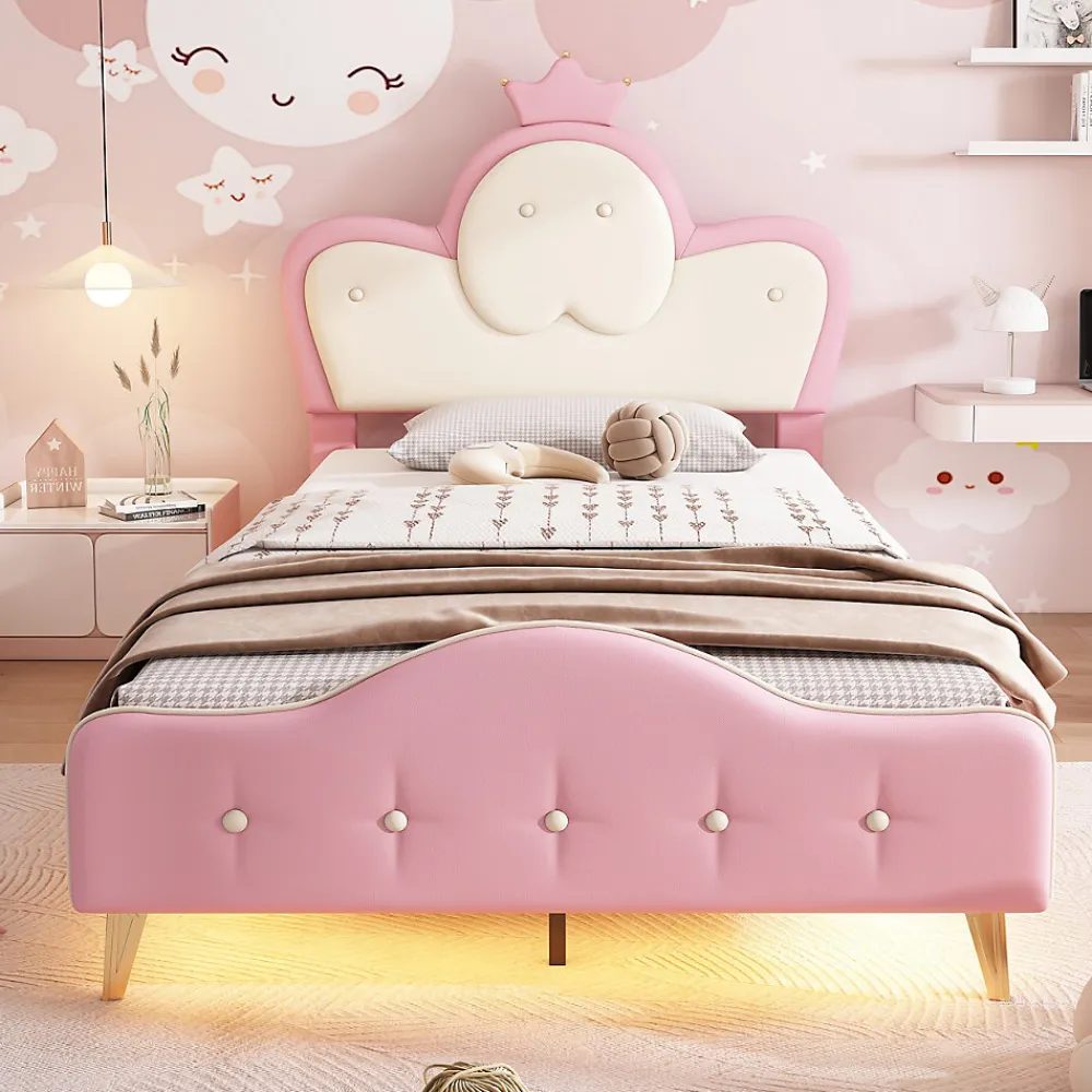 Lit 90x200 cm enfant avec tête rembourrée en vague et couronne, PU blanc/rose et bande LED intégrée>Redom Discount