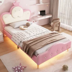 Lit 90x200 cm enfant avec tête rembourrée en vague et couronne, PU blanc/rose et bande LED intégrée>Redom Discount