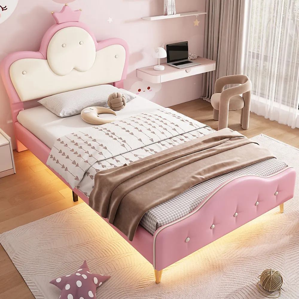 Lit 90x200 cm enfant avec tête rembourrée en vague et couronne, PU blanc/rose et bande LED intégrée>Redom Discount