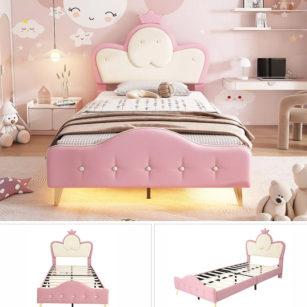 Lit 90x200 cm enfant avec tête rembourrée en vague et couronne, PU blanc/rose et bande LED intégrée>Redom Discount
