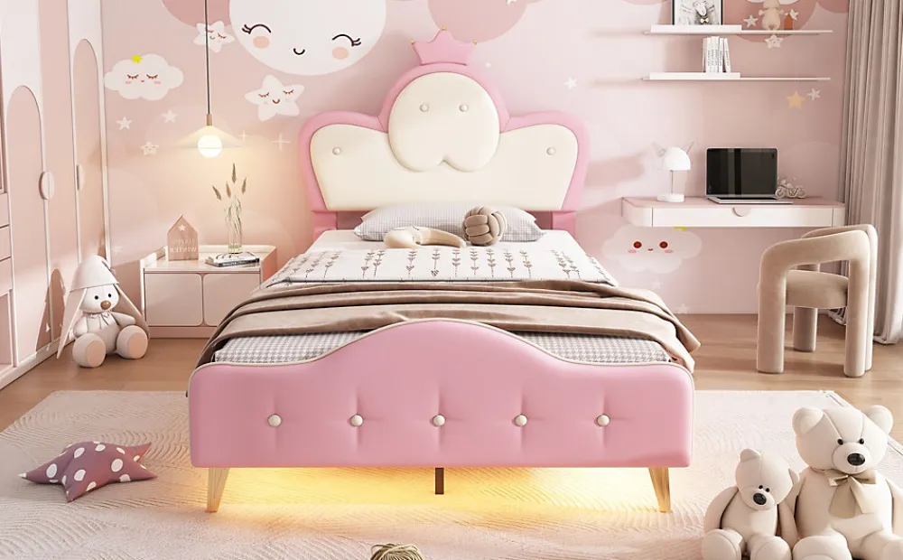 Lit 90x200 cm enfant avec tête rembourrée en vague et couronne, PU blanc/rose et bande LED intégrée>Redom Discount