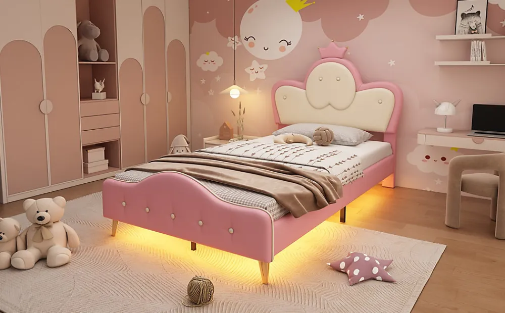 Lit 90x200 cm enfant avec tête rembourrée en vague et couronne, PU blanc/rose et bande LED intégrée>Redom Discount