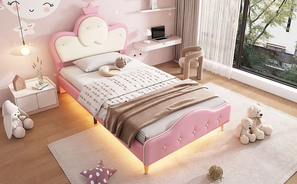 Lit 90x200 cm enfant avec tête rembourrée en vague et couronne, PU blanc/rose et bande LED intégrée>Redom Discount