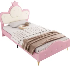 Lit 90x200 cm enfant avec tête rembourrée en vague et couronne, PU blanc/rose et bande LED intégrée><noscript><img width=