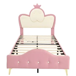 Lit 90x200 cm enfant avec tête rembourrée en vague et couronne, PU blanc/rose et bande LED intégrée><noscript><img width=