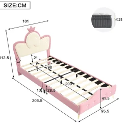 Lit 90x200 cm enfant avec tête rembourrée en vague et couronne, PU blanc/rose et bande LED intégrée><noscript><img width=