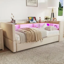 Lit 90/180x190 cm extensible avec rangements intégrés, éclairage LED, prises et tissu flanelle beige><noscript><img width=
