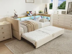 Lit 90/180x190 cm extensible avec rangements intégrés, éclairage LED, prises et tissu flanelle beige><noscript><img width=