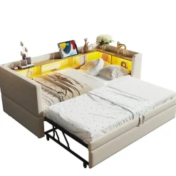Lit 90/180x190 cm extensible avec rangements intégrés, éclairage LED, prises et tissu flanelle beige><noscript><img width=