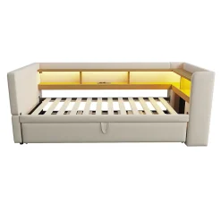 Lit 90/180x190 cm extensible avec rangements intégrés, éclairage LED, prises et tissu flanelle beige><noscript><img width=