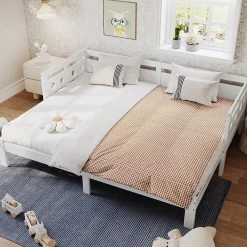 Lit 90x200 cm extensible avec 2e couchage et tête en forme de cœur en pin massif blanc, design romantique><noscript><img width=