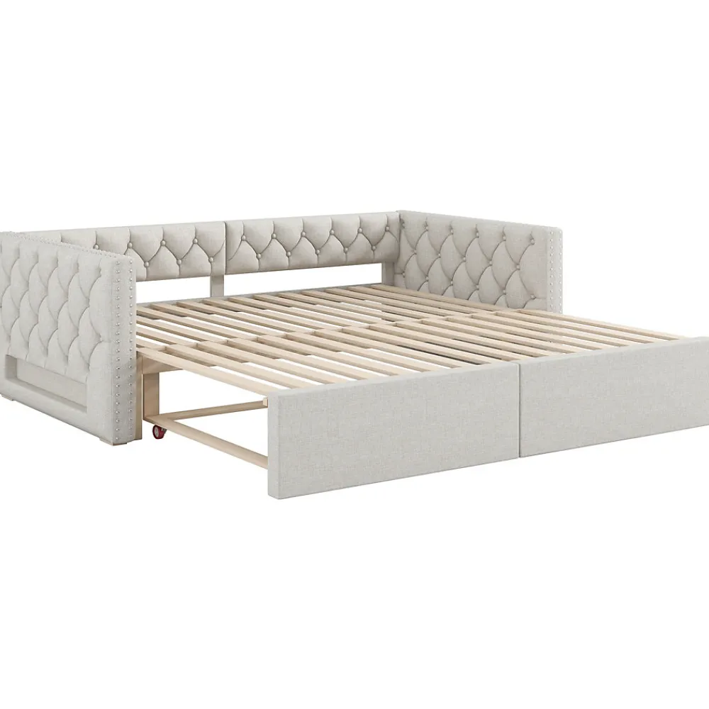 Lit 90x200 cm extensible en 180x200 cm avec éclairage LED, revêtement lin beige, design contemporain>Redom Online