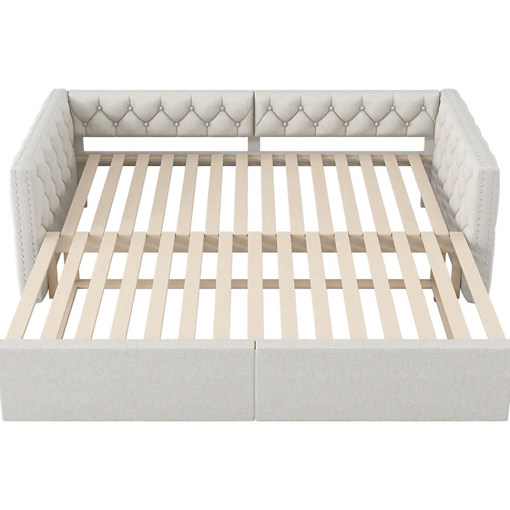 Lit 90x200 cm extensible en 180x200 cm avec éclairage LED, revêtement lin beige, design contemporain>Redom Online