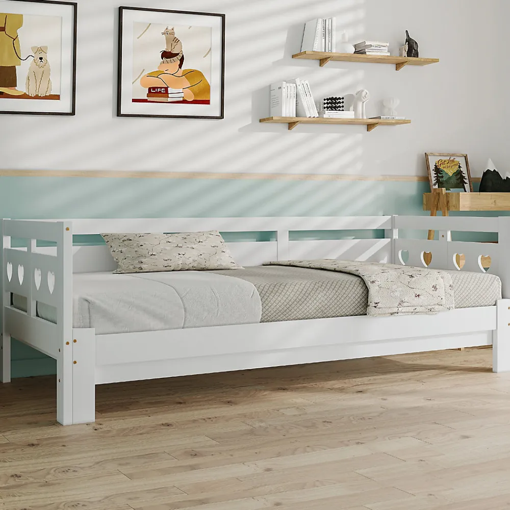 Lit 90x190 cm extensible en 182x190 cm, cadre pin massif en forme de cœur, blanc élégant>Redom Hot