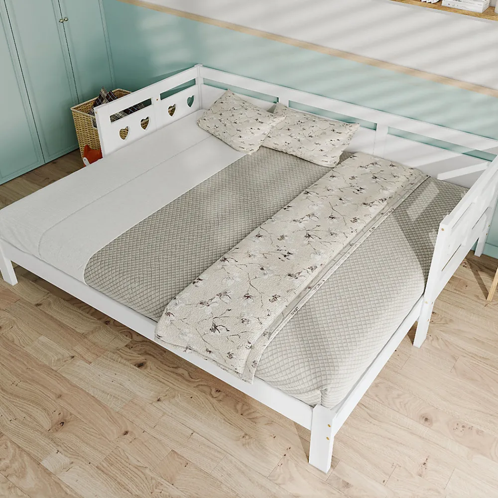 Lit 90x190 cm extensible en 182x190 cm, cadre pin massif en forme de cœur, blanc élégant>Redom Hot