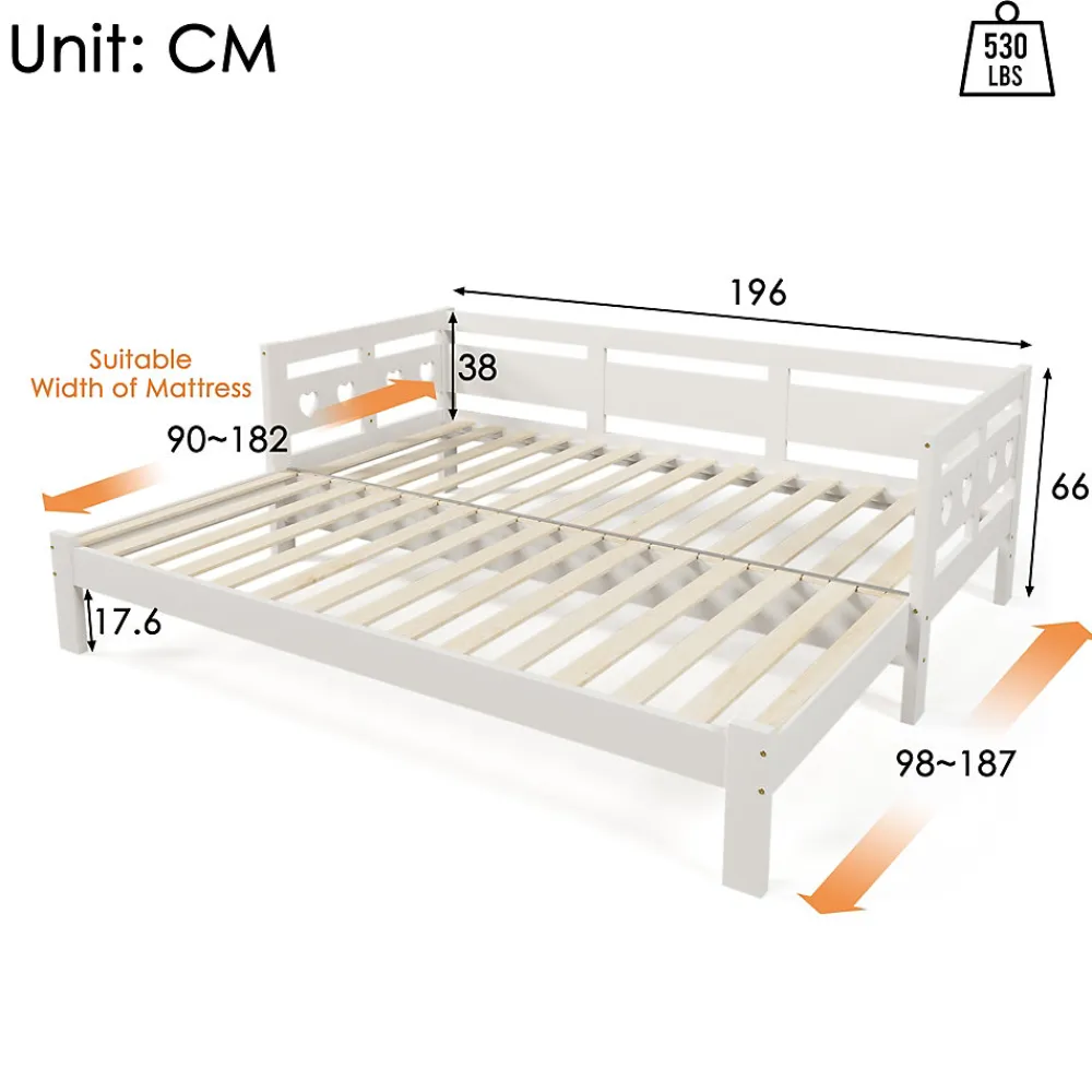 Lit 90x190 cm extensible en 182x190 cm, cadre pin massif en forme de cœur, blanc élégant>Redom Hot