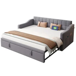 Redom Lit 90x190 cm extensible jusqu'à 180 cm, convertible en sofa en velours gris avec ports USB intégrés* Lit Gigogne