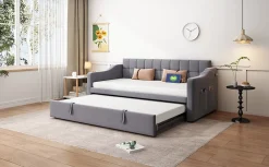 Redom Lit 90x190 cm extensible jusqu'à 180 cm, convertible en sofa en velours gris avec ports USB intégrés* Lit Gigogne