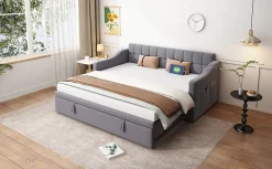 Redom Lit 90x190 cm extensible jusqu'à 180 cm, convertible en sofa en velours gris avec ports USB intégrés* Lit Gigogne