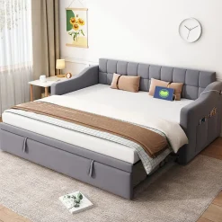 Redom Lit 90x190 cm extensible jusqu'à 180 cm, convertible en sofa en velours gris avec ports USB intégrés* Lit Gigogne