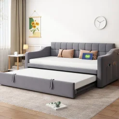 Redom Lit 90x190 cm extensible jusqu'à 180 cm, convertible en sofa en velours gris avec ports USB intégrés* Lit Gigogne