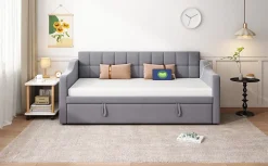 Redom Lit 90x190 cm extensible jusqu'à 180 cm, convertible en sofa en velours gris avec ports USB intégrés* Lit Gigogne