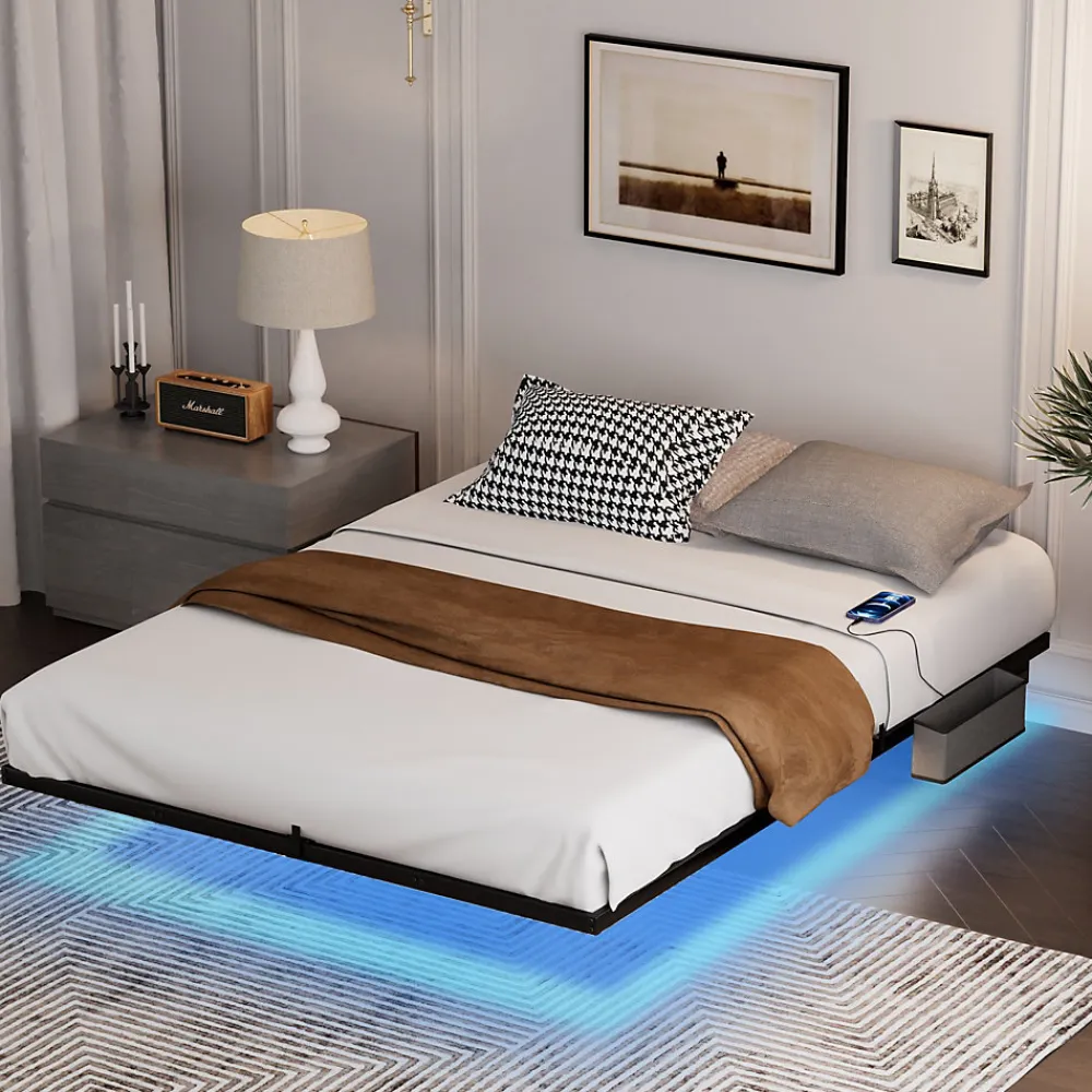 Lit 160x200 cm flottant en acier noir avec éclairage LED, station USB-C et poche de rangement>Redom Discount