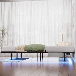Lit 160x200 cm flottant en acier noir avec éclairage LED, station USB-C et poche de rangement><noscript><img width=