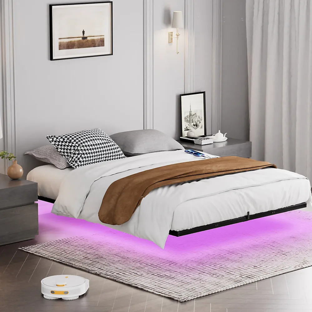 Lit 160x200 cm flottant en acier noir avec éclairage LED, station USB-C et poche de rangement>Redom Discount
