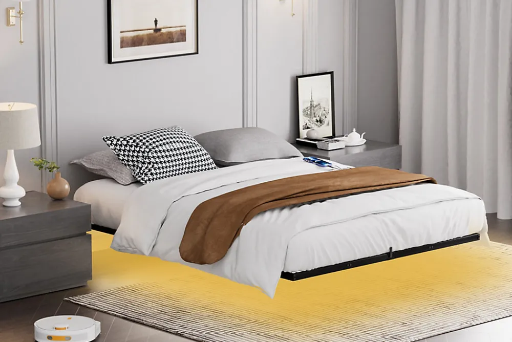 Lit 160x200 cm flottant en acier noir avec éclairage LED, station USB-C et poche de rangement>Redom Discount