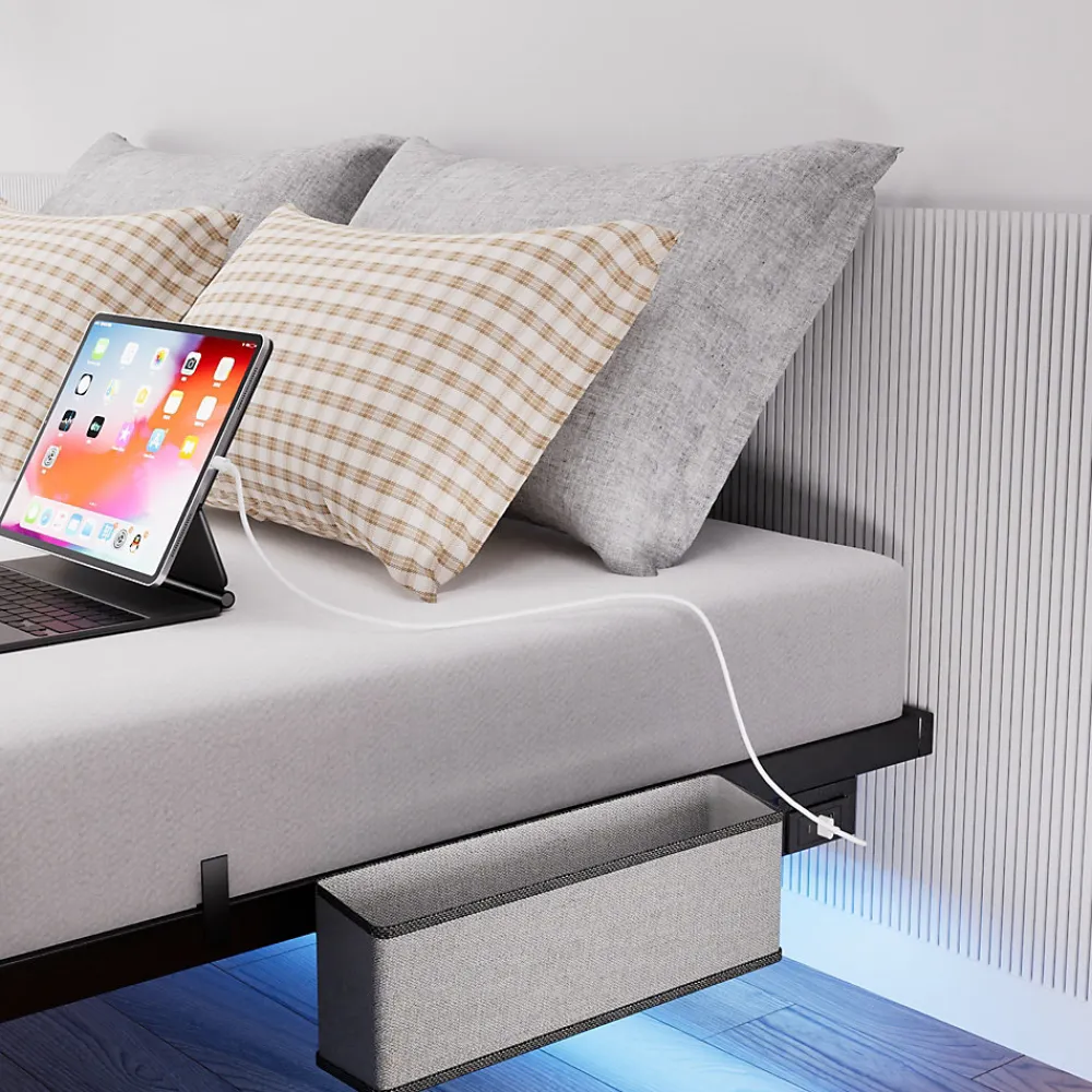 Lit 160x200 cm flottant en acier noir avec éclairage LED, station USB-C et poche de rangement>Redom Discount