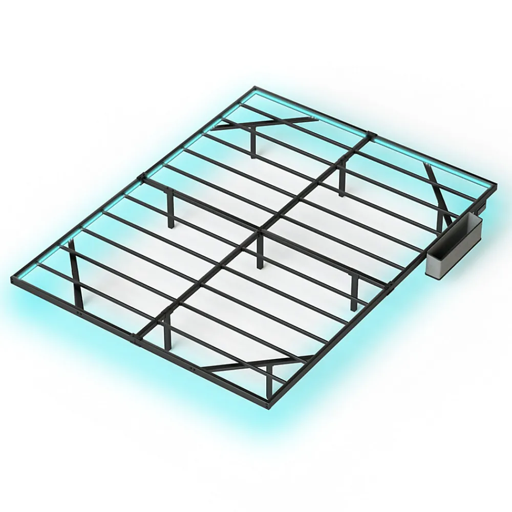 Lit 160x200 cm flottant en acier noir avec éclairage LED, station USB-C et poche de rangement>Redom Discount