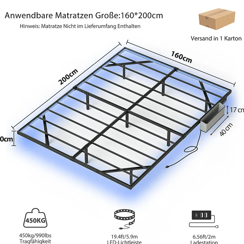 Lit 160x200 cm flottant en acier noir avec éclairage LED, station USB-C et poche de rangement>Redom Discount