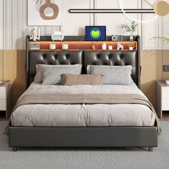 Simple Life Lit 180x200 cm, LED, port USB, coffre de rangement, tête de lit, sommier à lattes, PU noir (2 personnes).* Lit Coffre