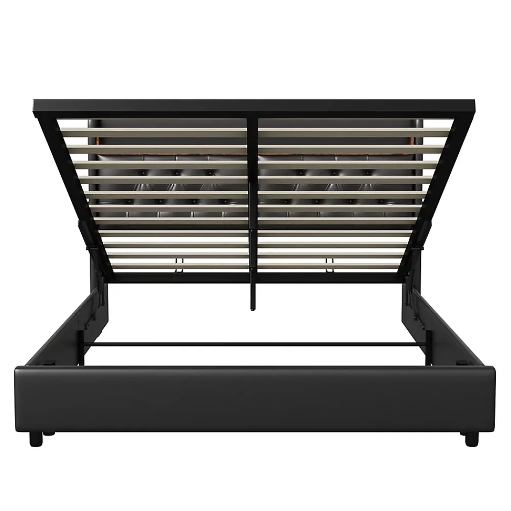 Simple Life Lit 180x200 cm, LED, port USB, coffre de rangement, tête de lit, sommier à lattes, PU noir (2 personnes).* Lit Coffre