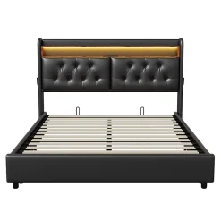 Simple Life Lit 180x200 cm, LED, port USB, coffre de rangement, tête de lit, sommier à lattes, PU noir (2 personnes).* Lit Coffre
