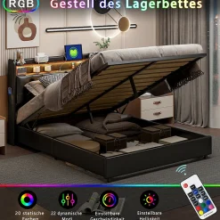 Simple Life Lit 180x200 cm, LED, port USB, coffre de rangement, tête de lit, sommier à lattes, PU noir (2 personnes).* Lit Coffre