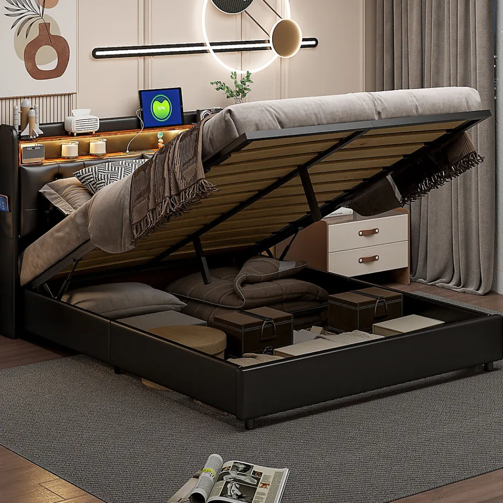 Simple Life Lit 180x200 cm, LED, port USB, coffre de rangement, tête de lit, sommier à lattes, PU noir (2 personnes).* Lit Coffre