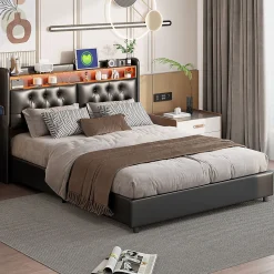 Simple Life Lit 180x200 cm, LED, port USB, coffre de rangement, tête de lit, sommier à lattes, PU noir (2 personnes).* Lit Coffre