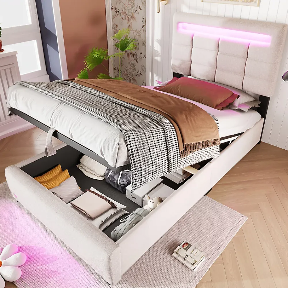 Redom Lit 90x200 cm lin beige avec rangement hydraulique et éclairage LED 16 couleurs contrôlable par application* Lit Avec Rangement